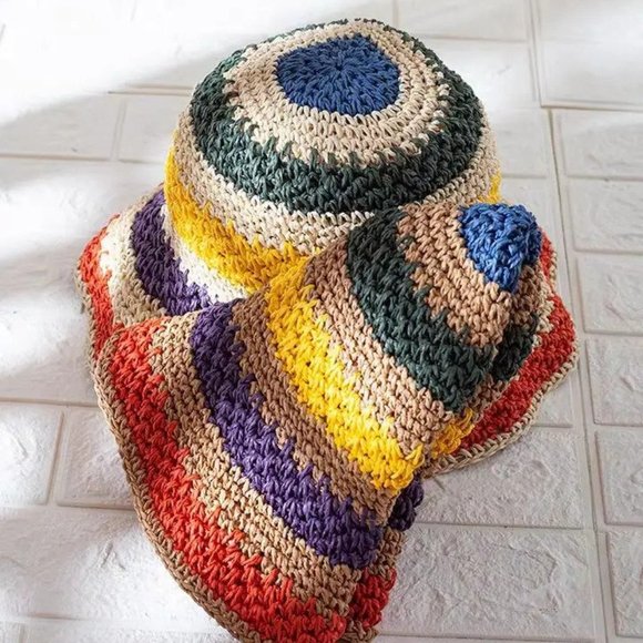 Foldable Bohemian Seaside Rainbow Color Straw Woven Sunhat - Picture 3 of 14